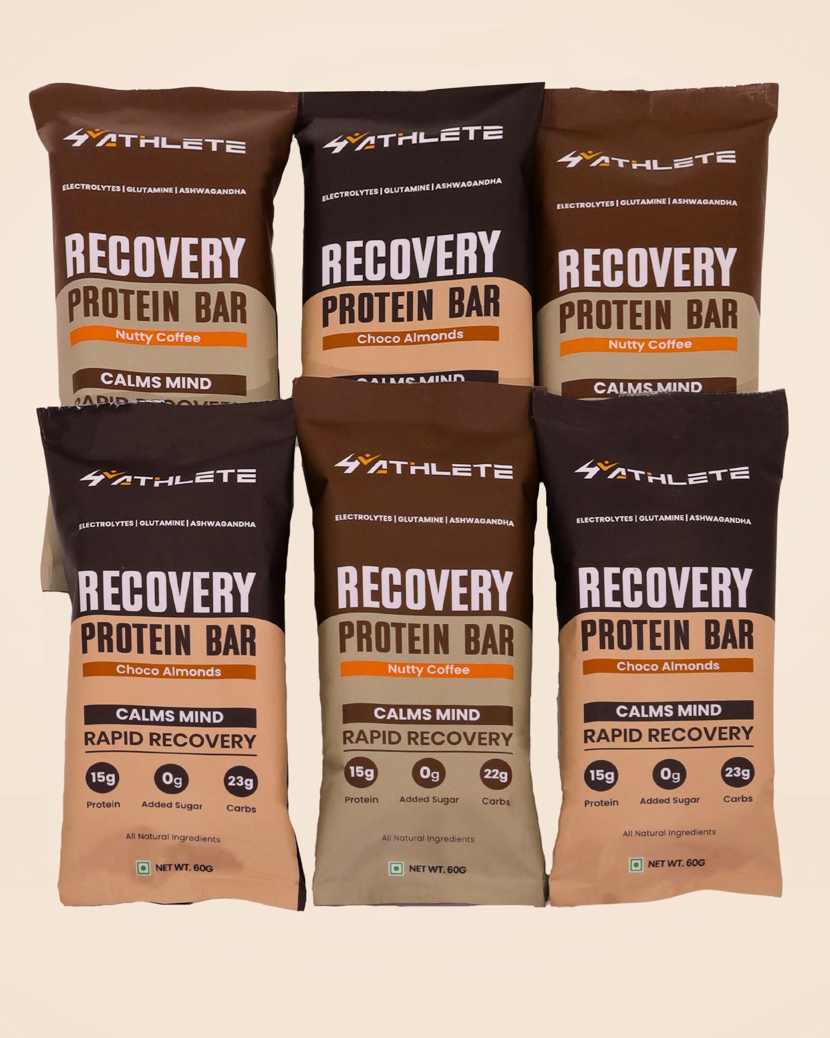 Recovery Protein Bars  Assorted - Pack of 6 ( 3 x Nutty Coffee, 3 x Choco Almonds )