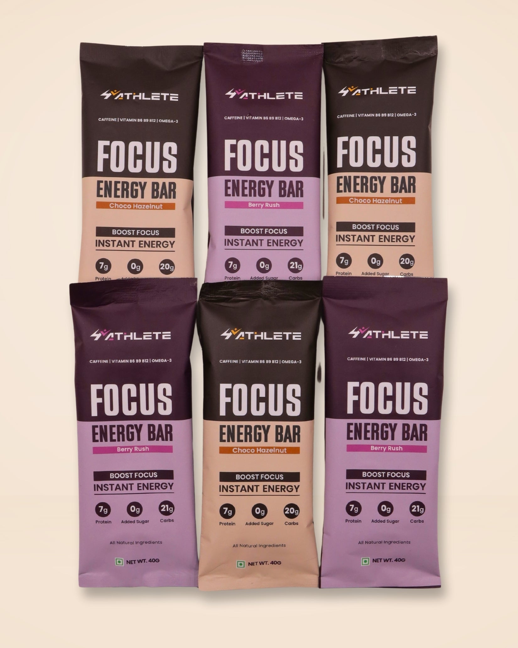 Focus Energy Bars Assorted - Pack of 12 ( 6 x Berry Rush, 6 x Choco Hazelnut )