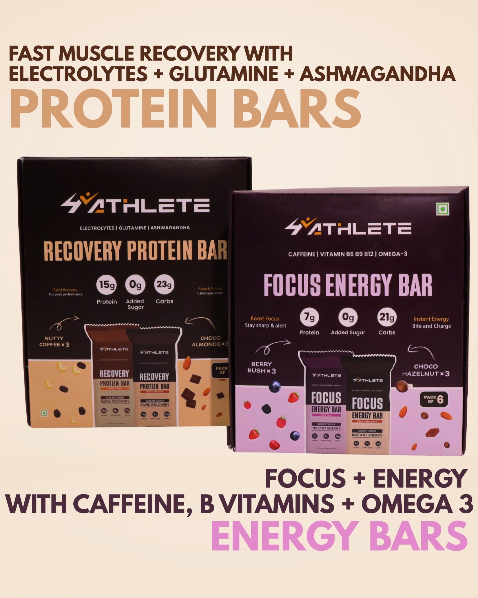Recovery Bars and Focus Bars Assorted - Pack of 12 ( 6 x Recovery bars, 6 x Focus bars)